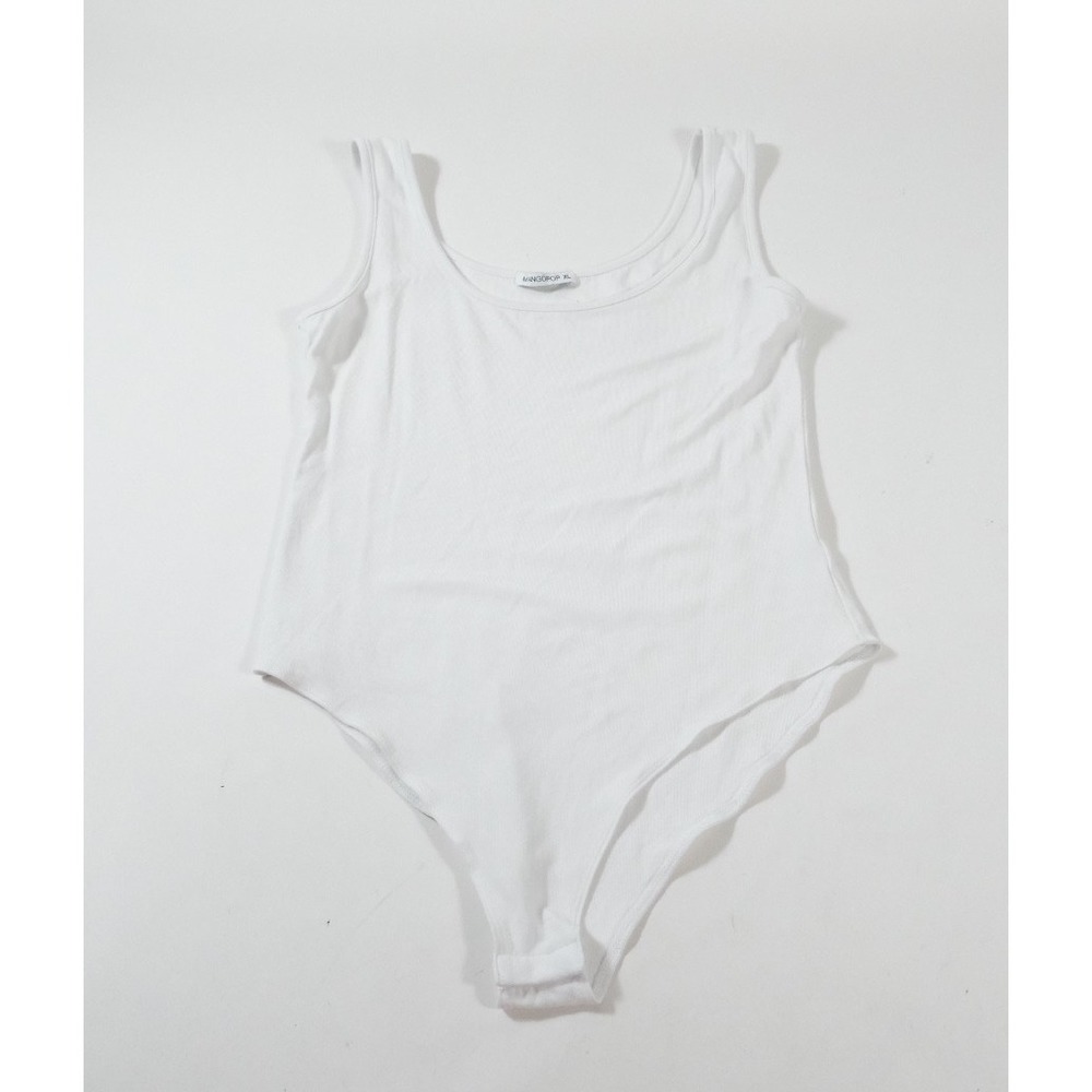 MangoPop Bodysuit Women XL White Ribbed Scoop Neck Sleeveless Snap Closure Thong